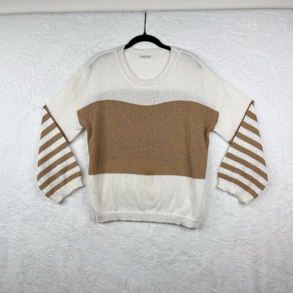 vestique Sweaters - Vestique Sweater‎ Womens Small White Tan Lightweight Long Sleeve Striped Top EUC